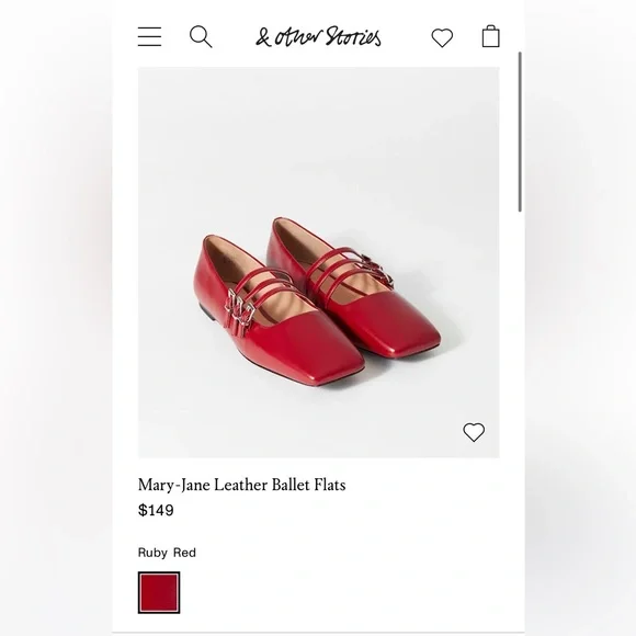 & Other Stories Ruby Red Mary Jane Leather Ballet Flats - Picture 2 of 7